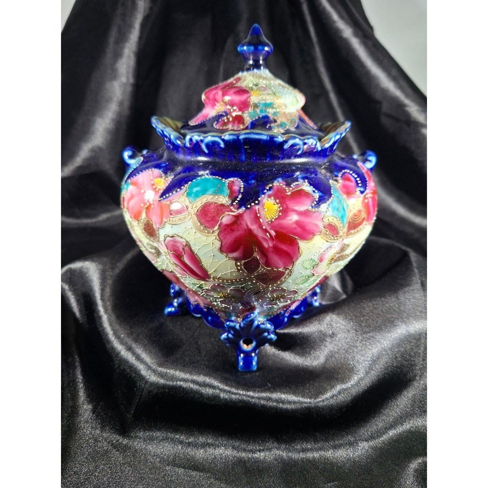 Antique Moriage Porcelain Ginger Jar Hand Painted Floral Cobalt Blue Footed Jar